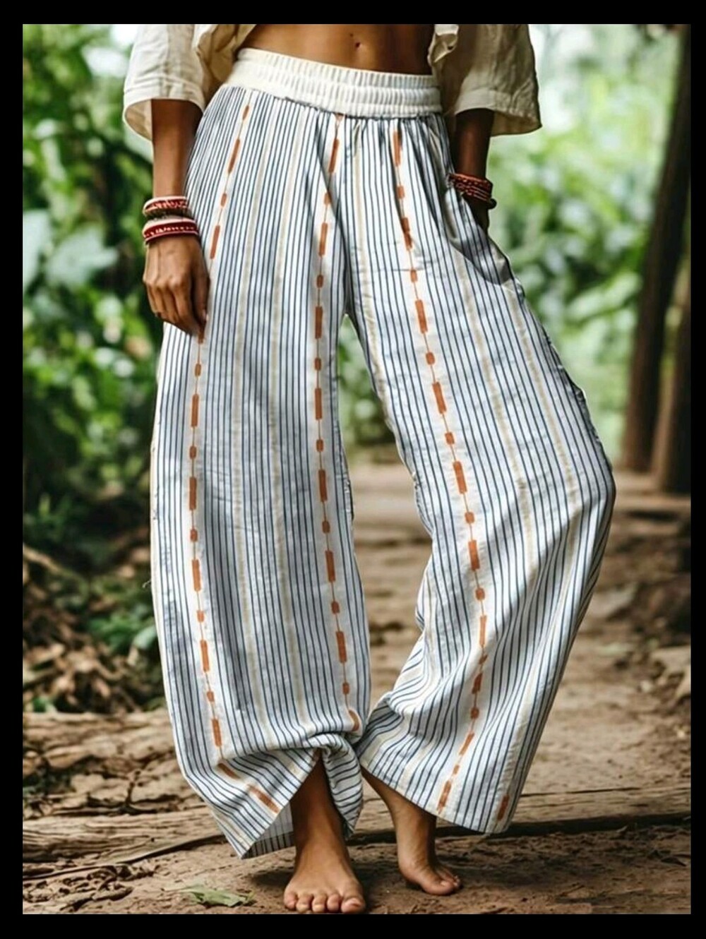 Cotton Women Casual Boho Holiday Printed Striped Long Pants Holiday Vacation - Picture 4 of 4